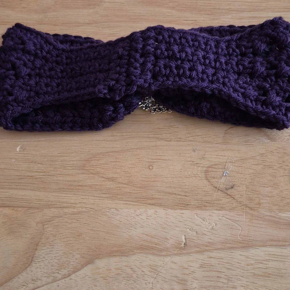 Handmade Purple Crochet Headband with Silver Brooch